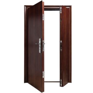 Puerta y media de seguridad Multianclaje color simil madera lisa 2050x1200x70 mm